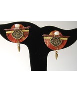 Red Gold Circles Post Earrings Coin Pearl Handcrafted Paper Asian Drop - $71.00