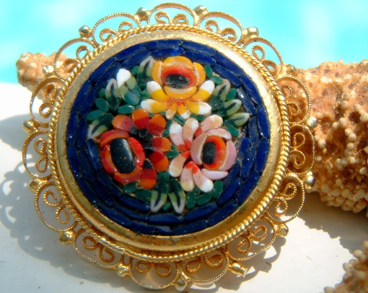 Vintage Italy Micro Mosaic Brooch Gold Filigree Edge Roses Pins, Brooches
