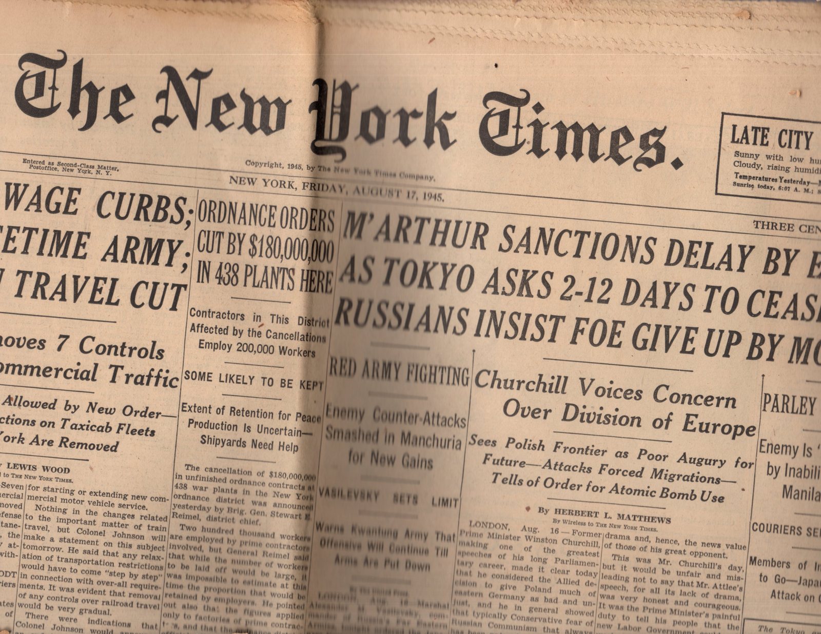 The New York Times Newspaper Friday August 17 1945 Section One