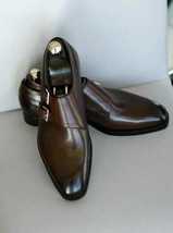 Handmade Men&#39;s Brown Cowhide Leather Plain Toe Double Monk Dress Formal ... - $128.69+