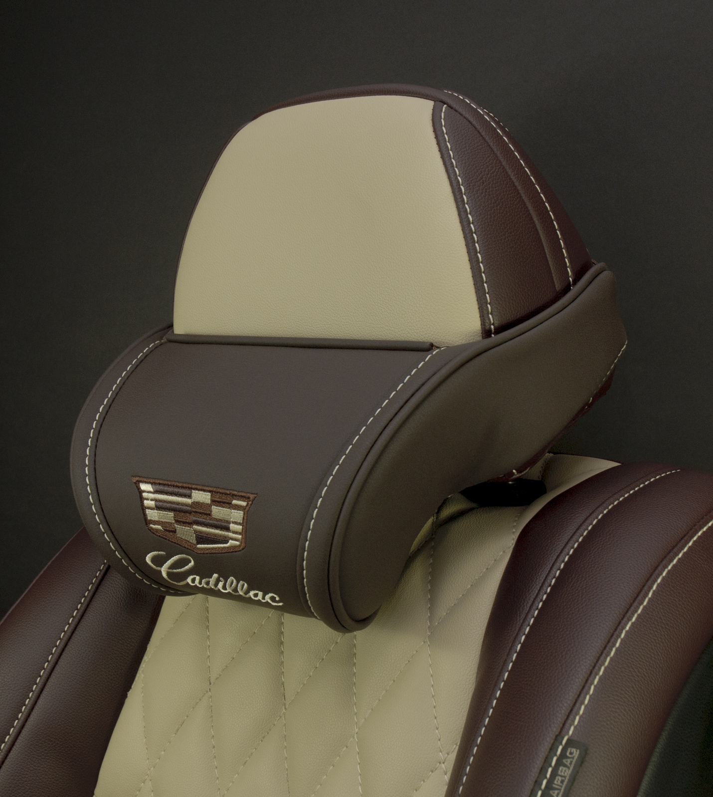 Car Headrest Pillow Accessory fits Cadillac Brown Leather Embroidery New Emblem Accessories