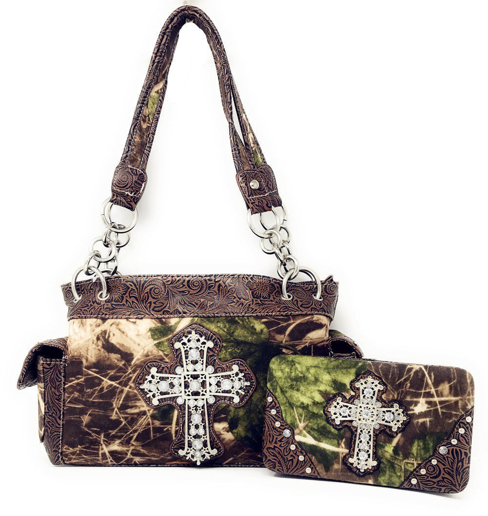 Premium Rhinestone Camouflage Cross Leather Womens Handbag Purse