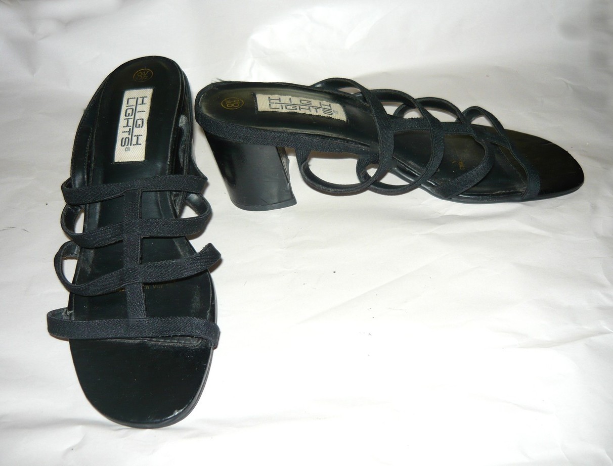 Black Strappy Silk Chunky Heeled Mules sz. 8.5m - Heels