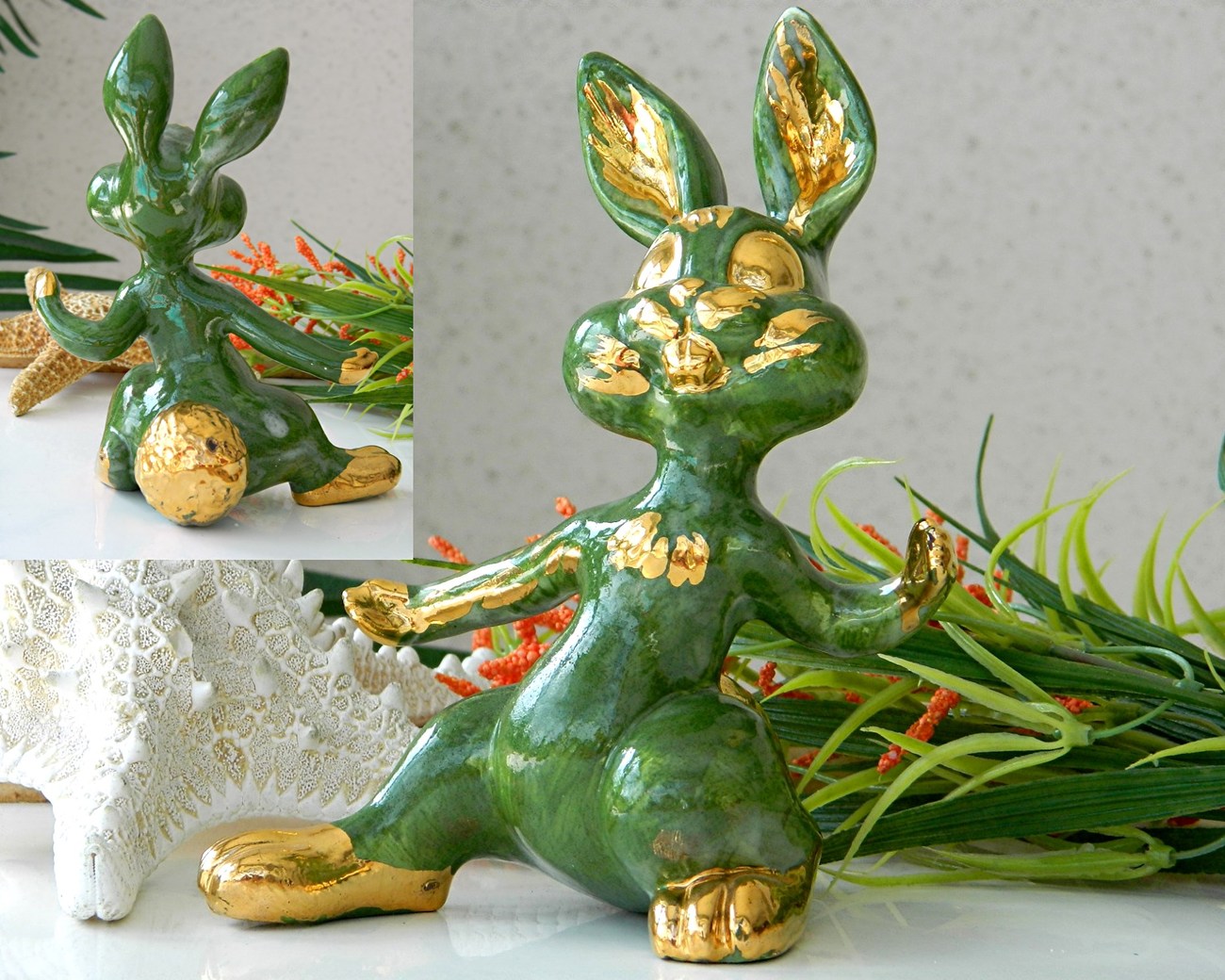 Ceramic Rabbit Bunny Figurine Green Gold Trim Standing Easter Rabbits