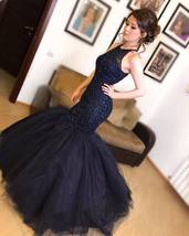Navy Blue Beaded Mermaid Evening Dress, Tulle Long Prom Dress, Formal Gown  - $219.00