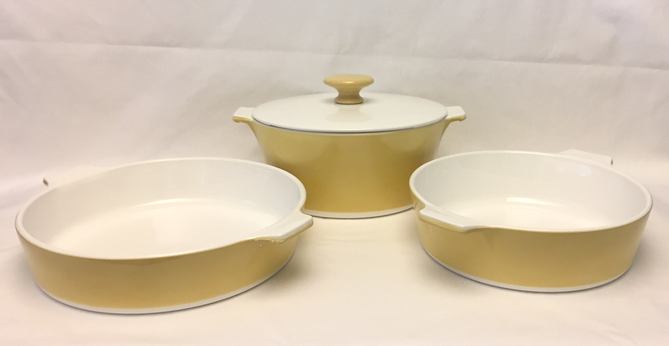 Vintage Corning Ware casserole dishes butterscotch yellow skillet buffet server Corning Ware