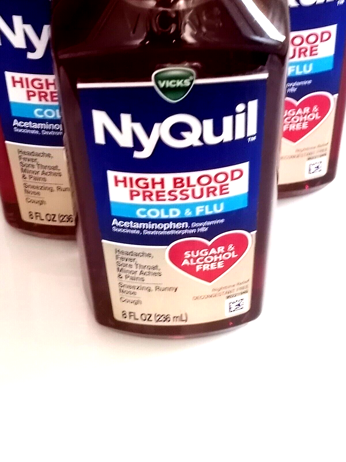 3 VICKS NyQuil hbp HIGH BLOOD PRESSURE Cold & Flu 8 fl oz NIGHT TIME