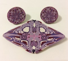 Earrings Pin Brooch Set Purple Pink Polymer Clay Pierced Post Handmade O... - $35.00
