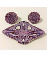 Earrings Pin Brooch Set Purple Pink Polymer Clay Pierced Post Handmade O... - $35.00