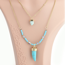 Layered Gold Tone Necklace with Faux Turquoise Pendants & Beads - $26.99