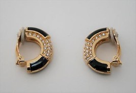 Swarovski Swan Gold Tone Black Enamel Clear Crystal Clip Earrings J48 - $50.00