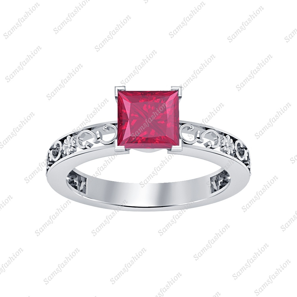 Women's Solitaire Princess Pink Ruby 14k White Gold Over Silver Engagement Ring