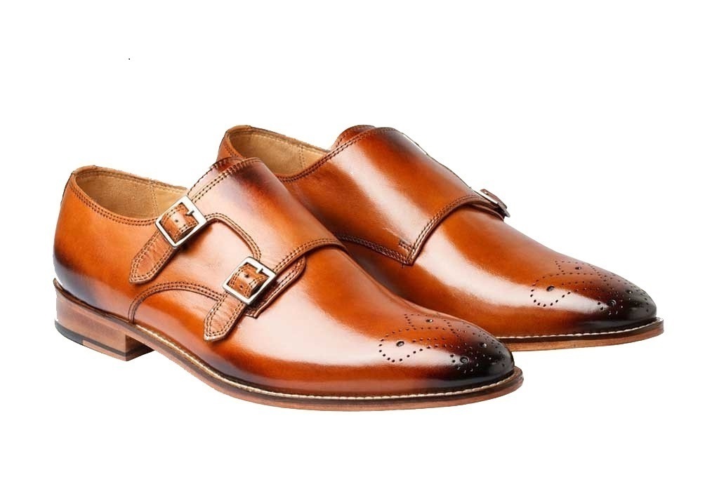Brown Monk Double Buckle Straps Original Leather Burnished Brogues Toe Men Shoes Dress/Formal
