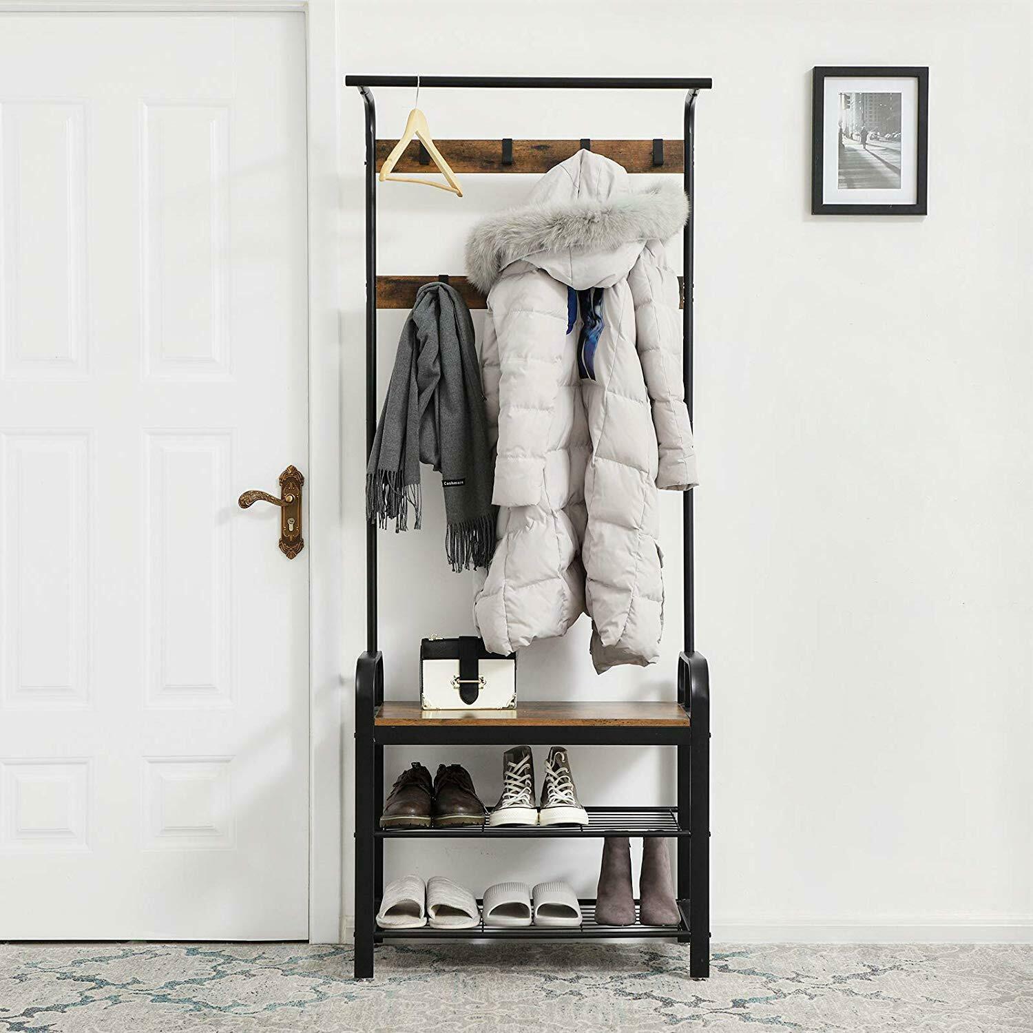 VASAGLE Industrial Coat Rack Shoe Bench, Hall Tree Entryway Storage
