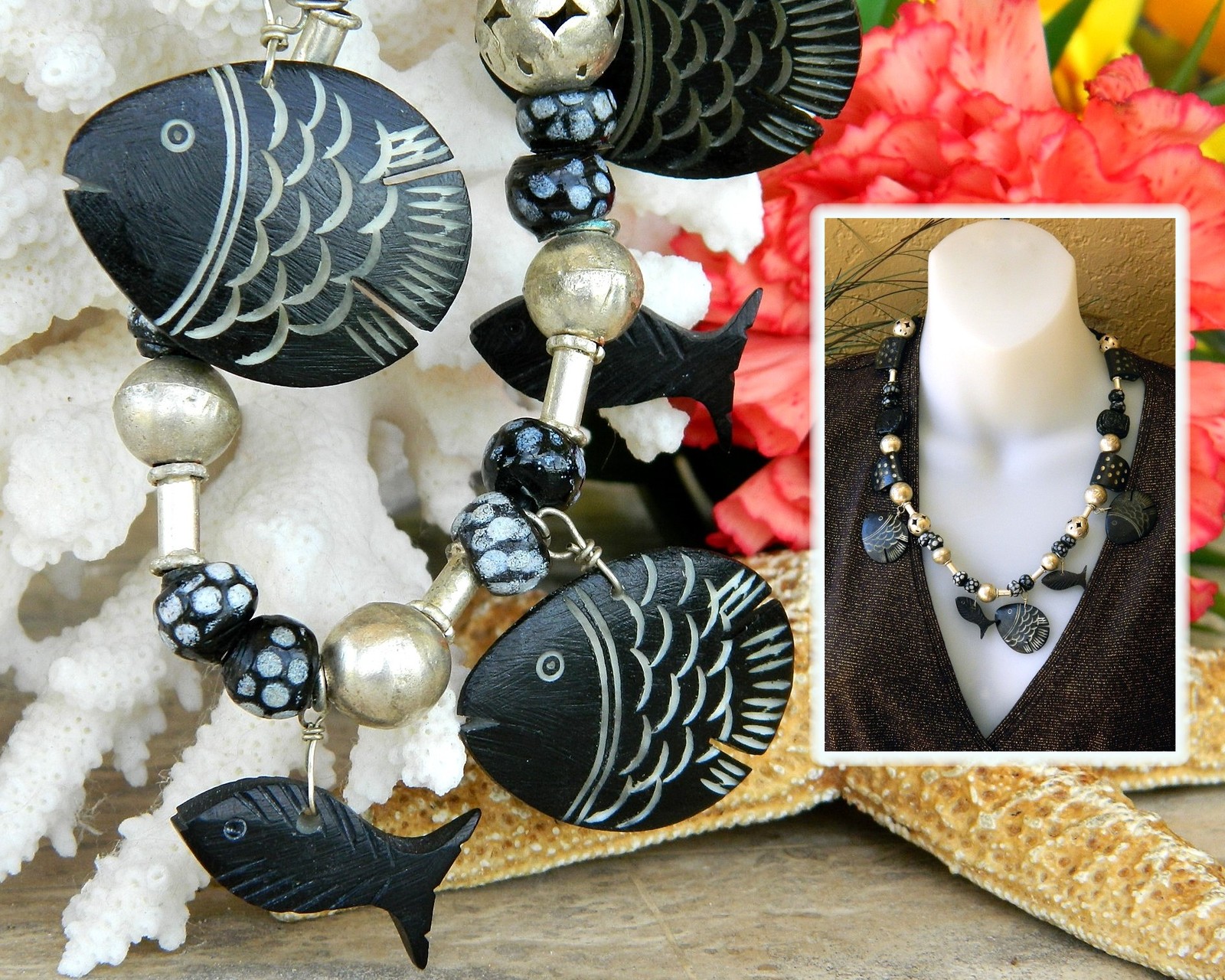 Primary image for Vintage Fish Necklace Hand Carved Black Wood Silver Balls Glass Beads