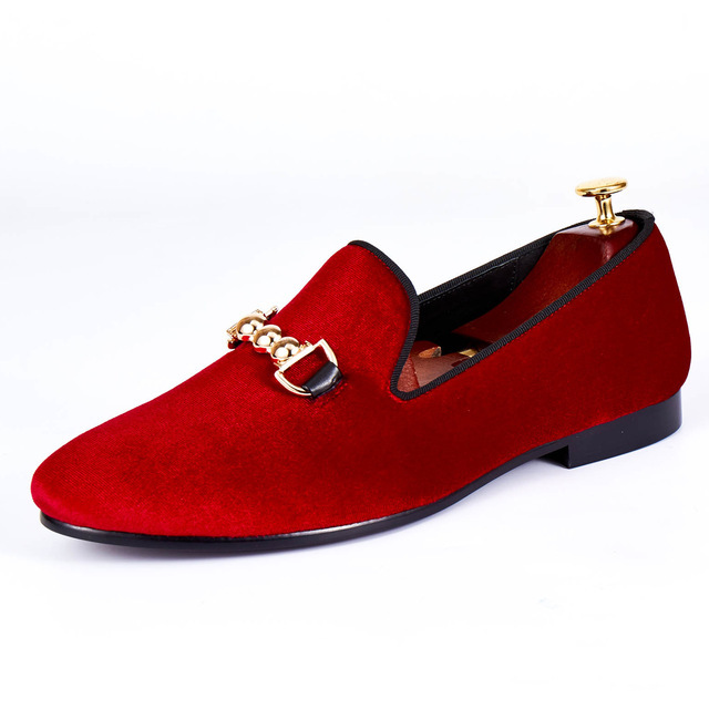 Red Moccasin Loafer Slip on Velvet Plain Rounded Toe Black Sole Leather Shoes