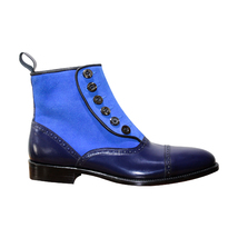 Handmade Men's Blue Suede & Leather High Ankle Buttons Boots image 2