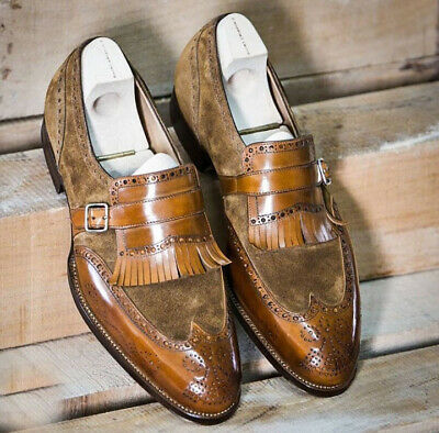 Two Tone Brown Monk Flap Fringe Single Buckle Premium Quality Men Leather Shoes