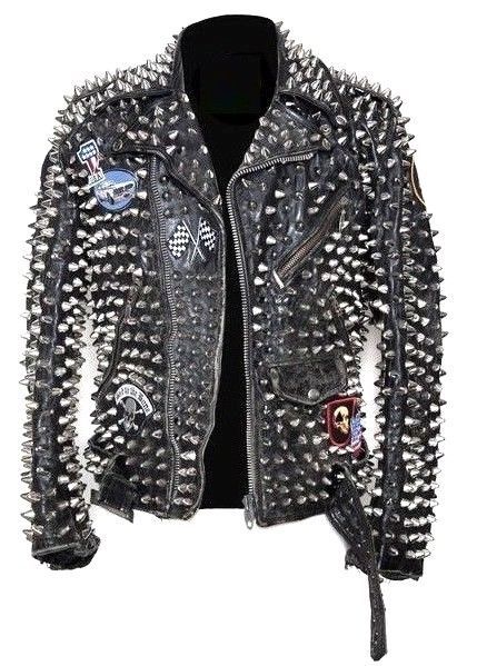 Men Silver Studded Leather JACKET Custom Patches Long Spike Brando Belted