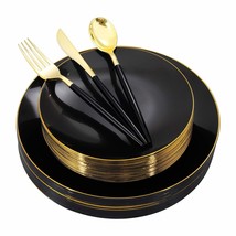 30 Guests Black Plates With Gold Rim&Gold Silverware With Black Handle - $93.99