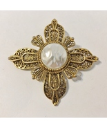 Avante Pin Brooch Vintage Faux Pearl Layered Ornate Filigree Gold Metal ... - $30.00