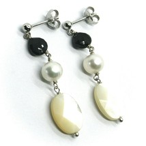 18K WHITE GOLD PENDANT EARRINGS ALTERNATE PEARL, OVAL MOTHER OF PEARL, SPINEL image 2