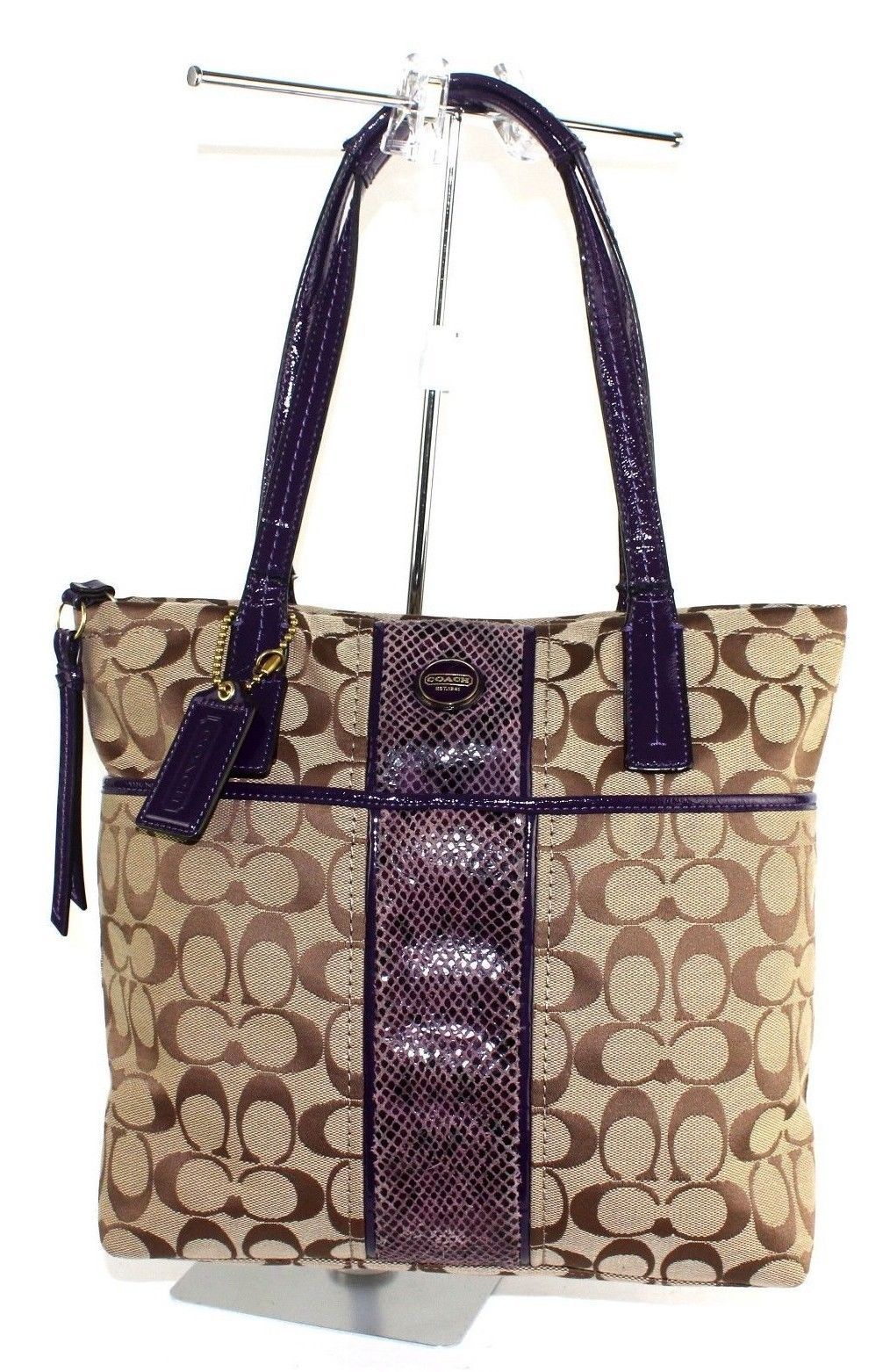 Auth COACH signature Canvas Leather Shoulder Bag purse Beige Purple F1361-F2570