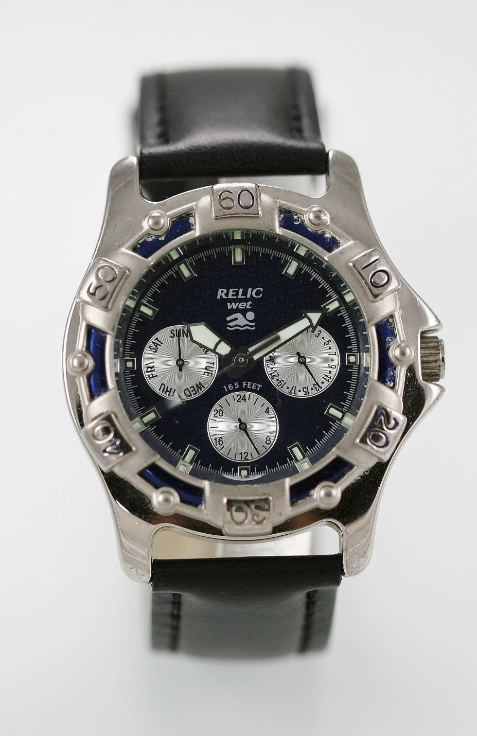 Relic Watch Men Silver Stainless 24hr Day Date Leather Black 50m Blue