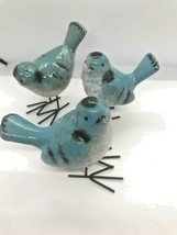 Bird Figurines - Set of 3 Blue Ceramic w Metal Feet Garden Home Decor 4.5" high - $42.56