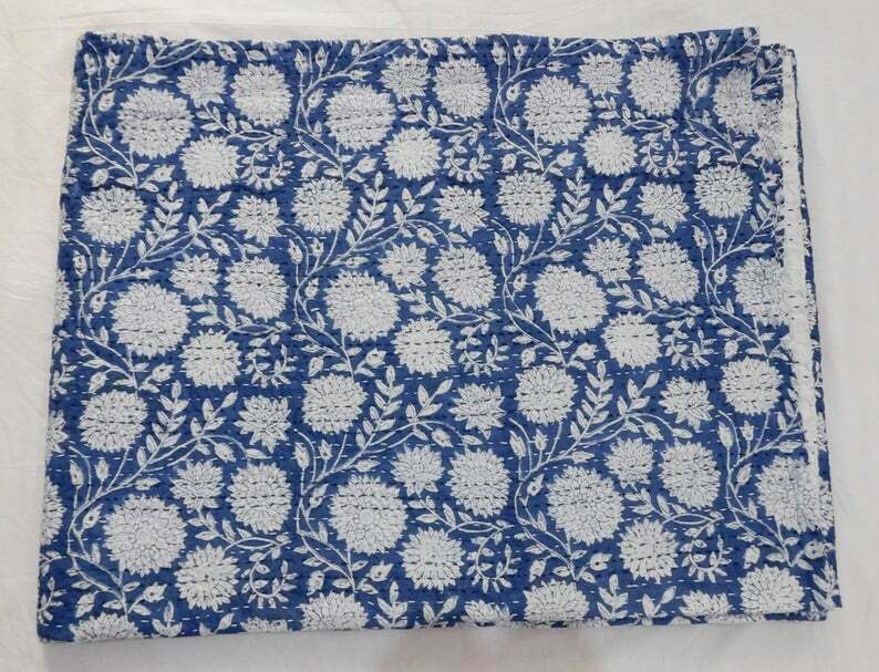 Handblock Kantha Quilts Pure Cotton Blanket Throw Quilt Hand stitched Bedspread