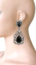 2.75" Long Victorian Inspired Black Crystals Rhinestones Large Clip On Earrings - $17.10