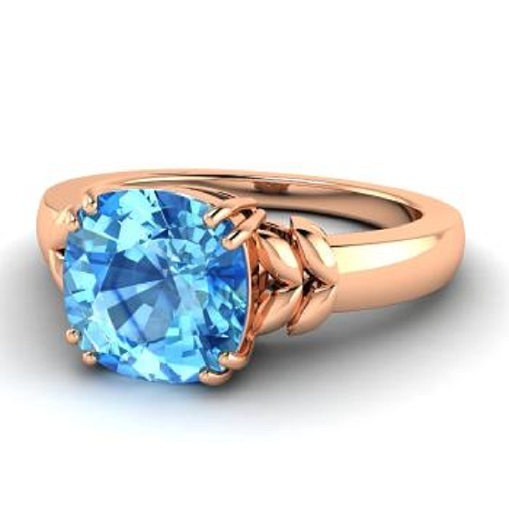 14K Rose Gp Cushion Cut Blue Topaz Stone Solitaire Engagement Wedding Ring