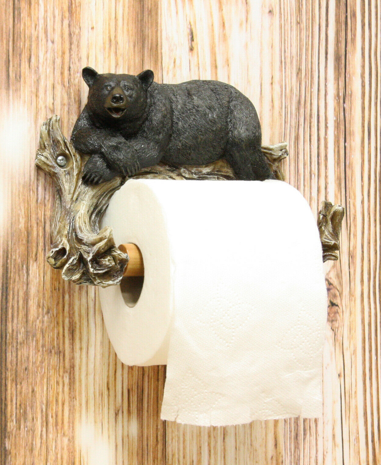 Rustic Lazy Black Bear Resting On Tree Branch Toilet Paper Holder Figurine 8L