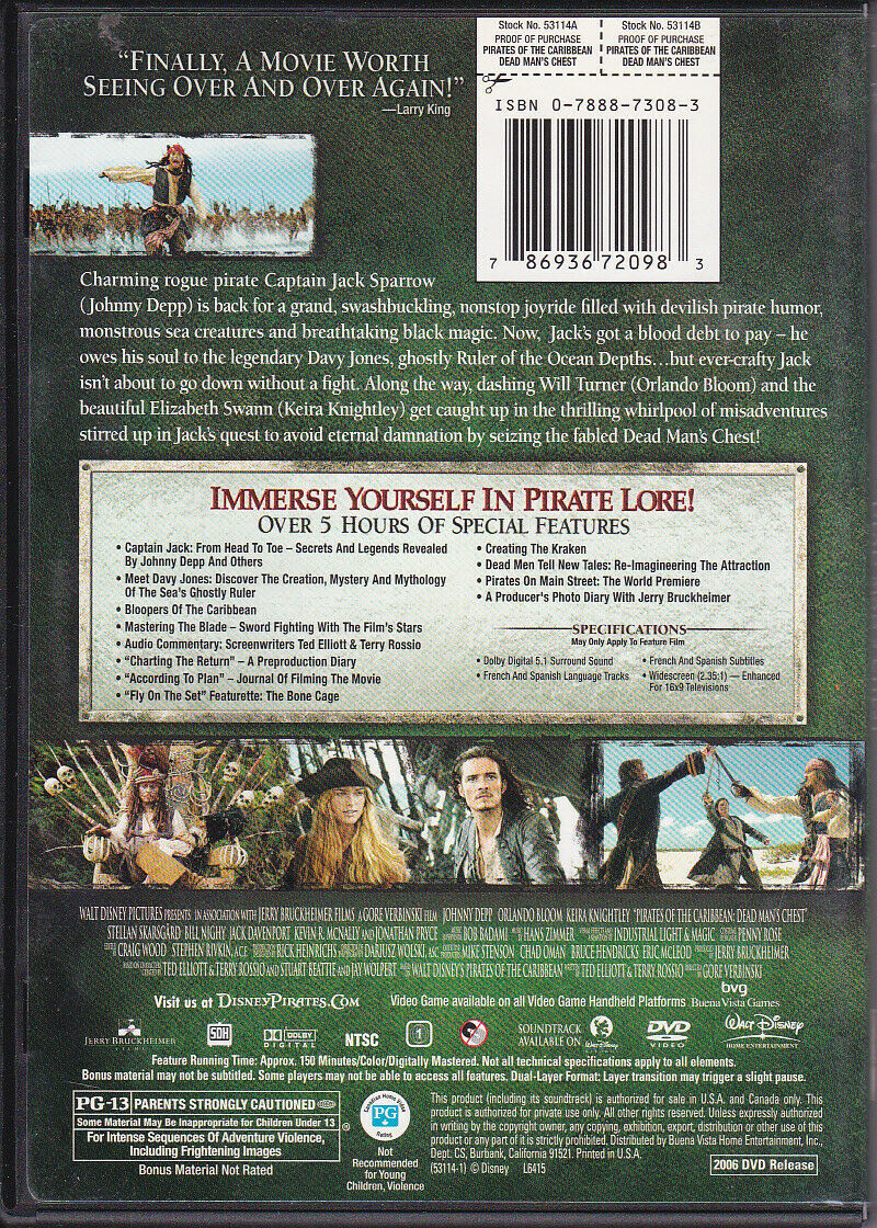 PIRATES DEAD MANS CHEST - Paramount DVD 2006 - Like New - Dir Gore ...