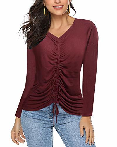 VOTEPRETTY Women's Long Sleeve V Neck Ruched Tops Blouse ShirtWine,XXL ...