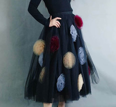 Women Black Midi Tulle Skirt with Flower Plus Size Ruffle Tutu Midi Skirt Outfit