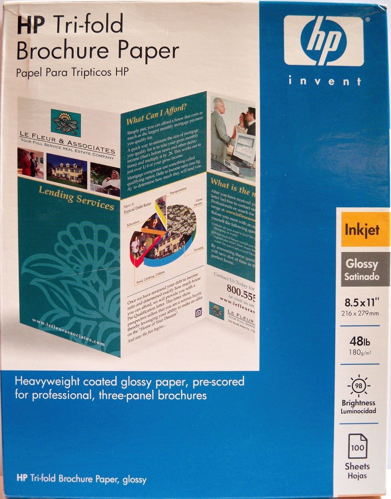 HP Trifold Brochure Paper (Glossy) 100 Sheets [8.5" x 11"] Printer Paper