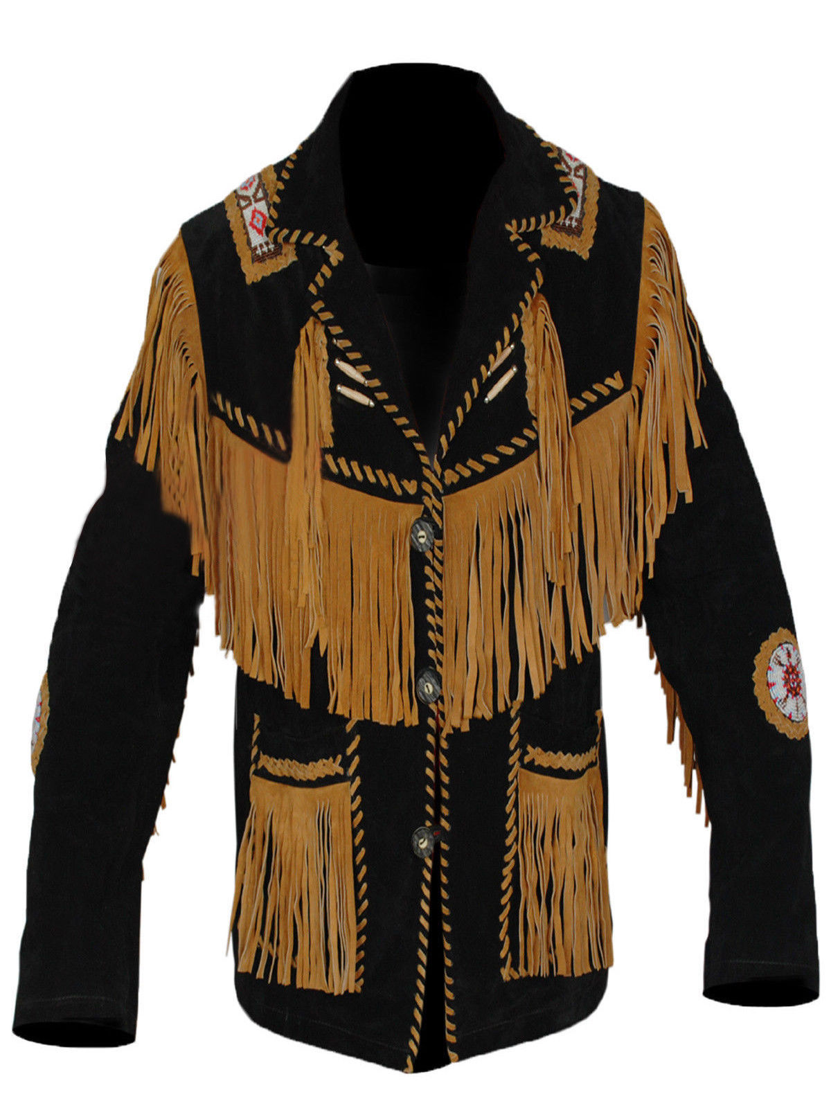 New Mens Native American Buckskin Black Suede Leather Fringe Jacket