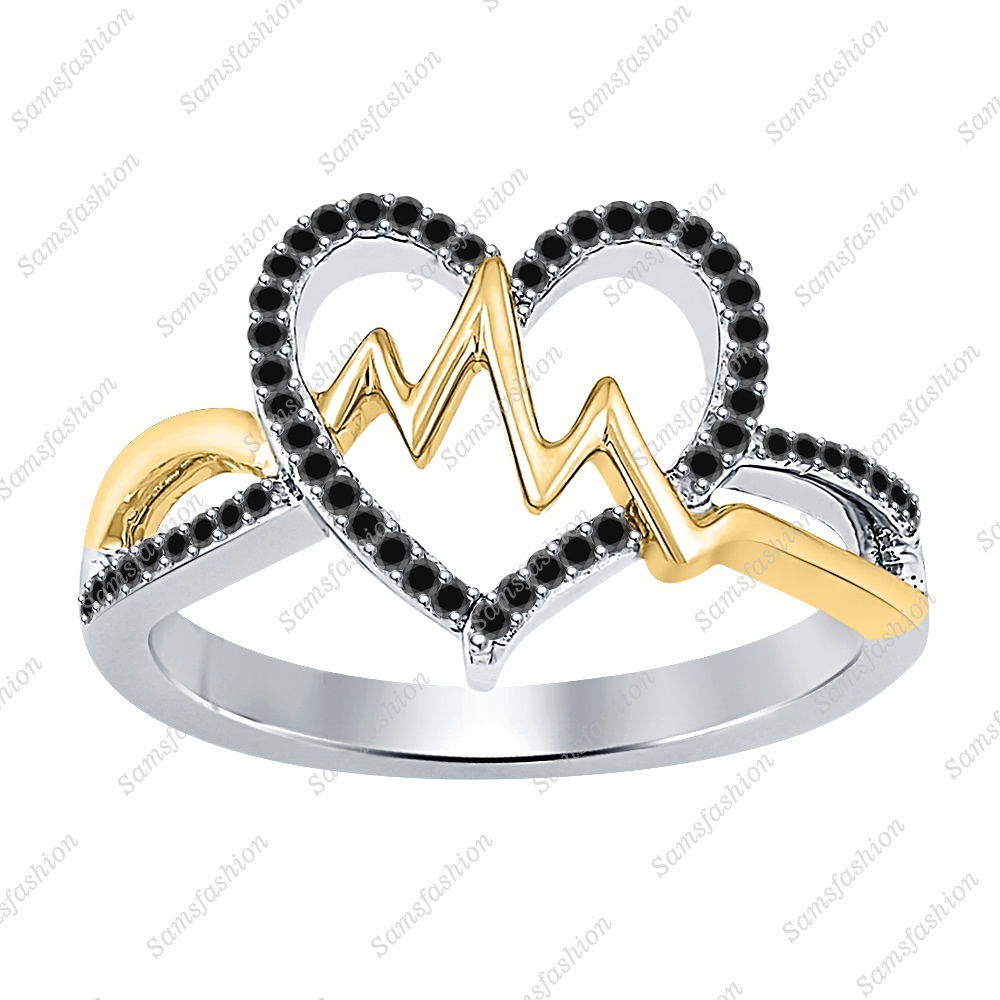 Round Cut Black Dia 14k Two Tone Gold Over 925 Silver Heart Beat Promise Ring
