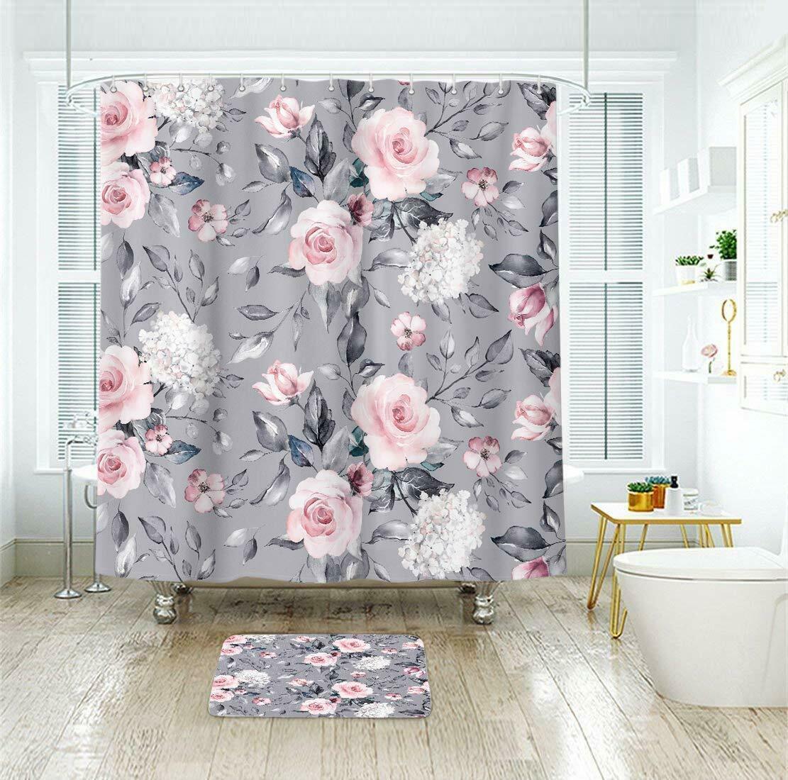 Gray Pink Elegant Floral Farmhouse Shabby Chic Waterproof Fabric Shower ...