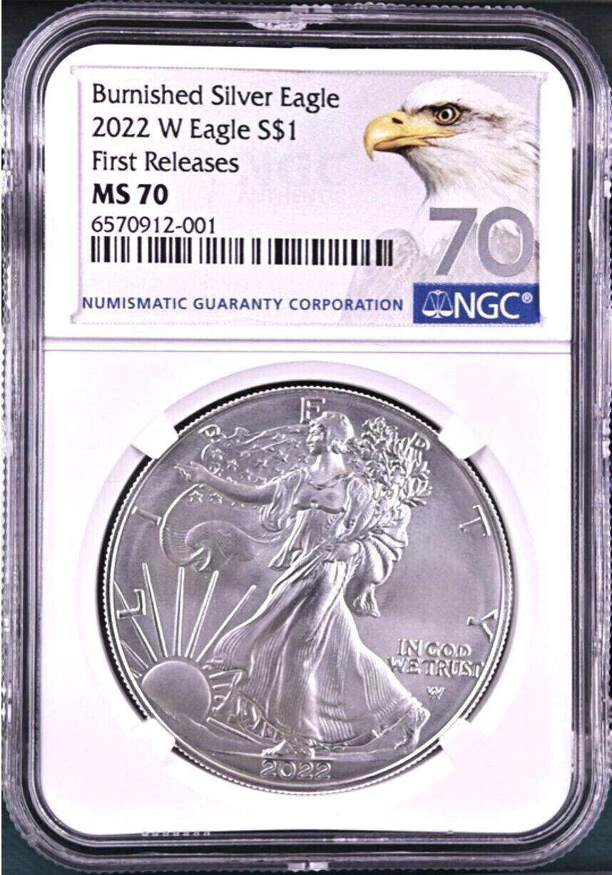 2022 w burnished silver eagle, ngc ms70 first releases, w/ ogp, silver eagle 70