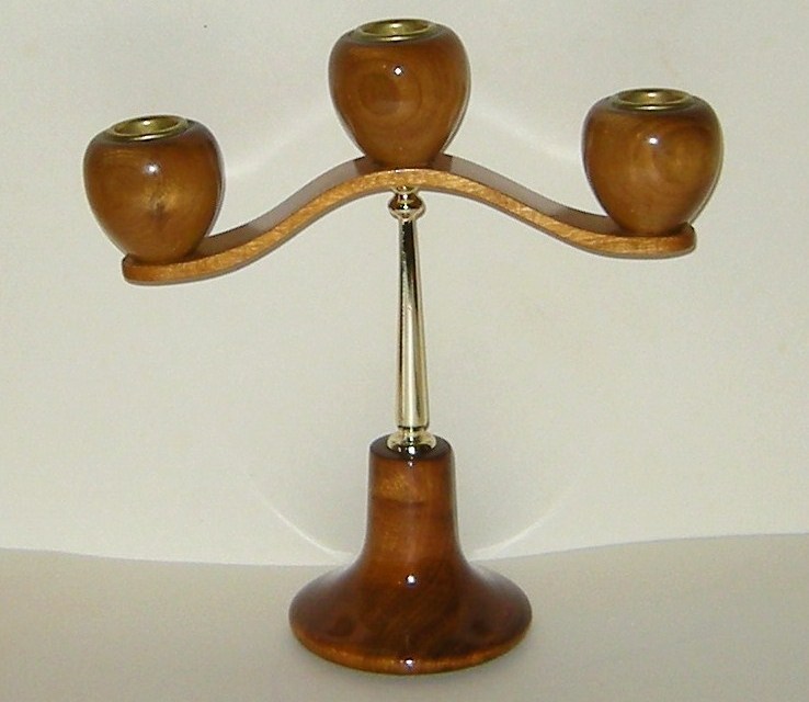 Oregon Myrtlewood Myrtle Wood Three Candle Holder Candelabra Candles