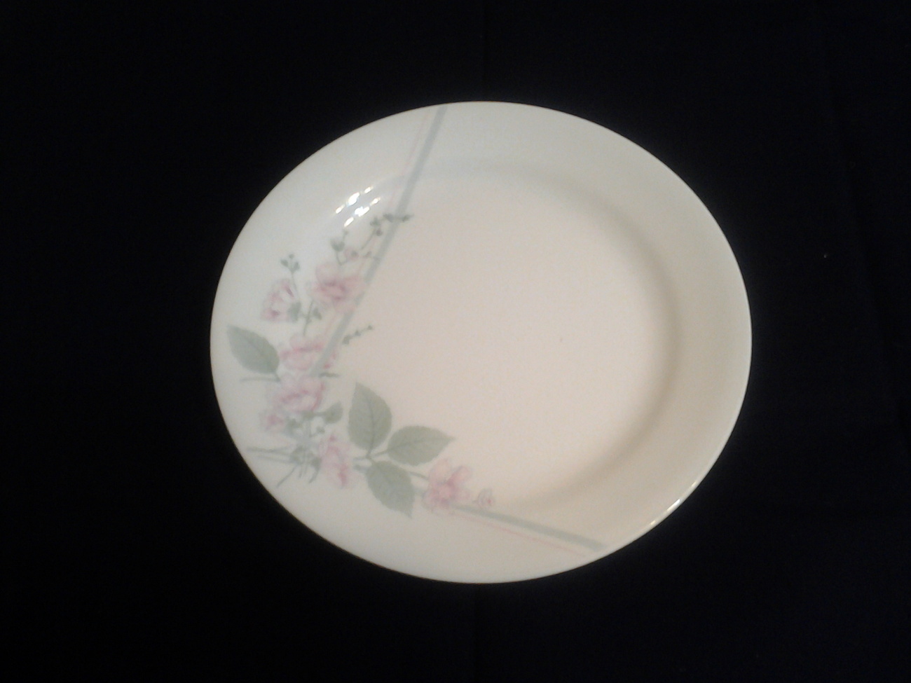 Corelle White snck plate 6.25" W. pink roses, green leaves, stems