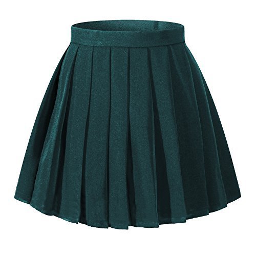 Women`s School Uniform High Waist Solid Pleated Skirts (2XL ,Dark green)