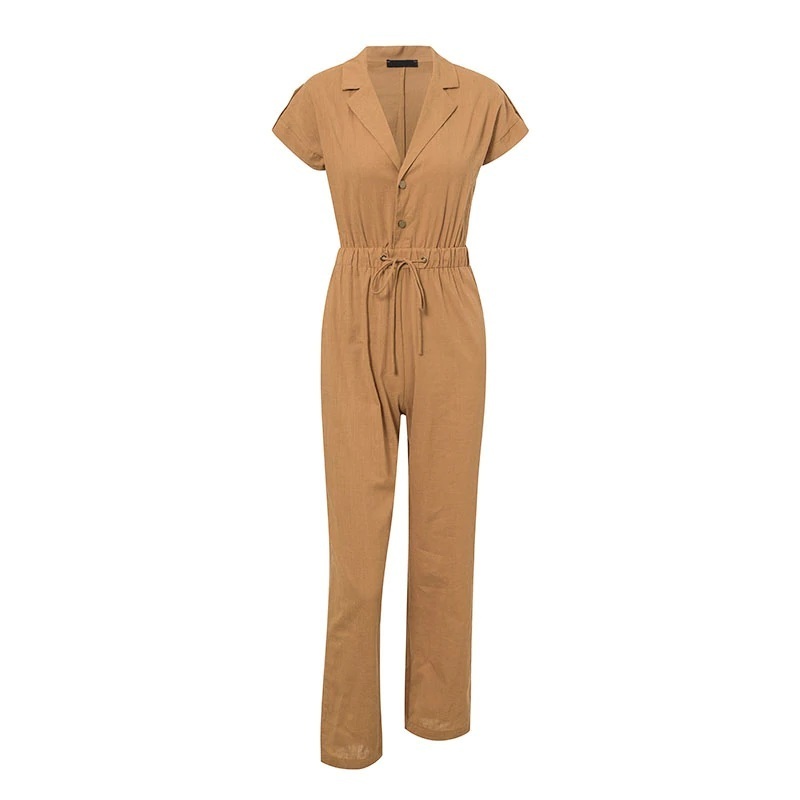 New caramel V neck button top short sleeve women camel jumpsuit brown ...