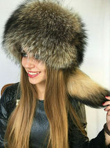 Raccoon Fur Hat Adjustable Saga Furs Full Fur Hat Detachable Tail Natural Brown image 1