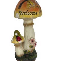 Mushroom Toadstool Welcome Garden Statue 12" w Ladybug and Dragonfly Accents
