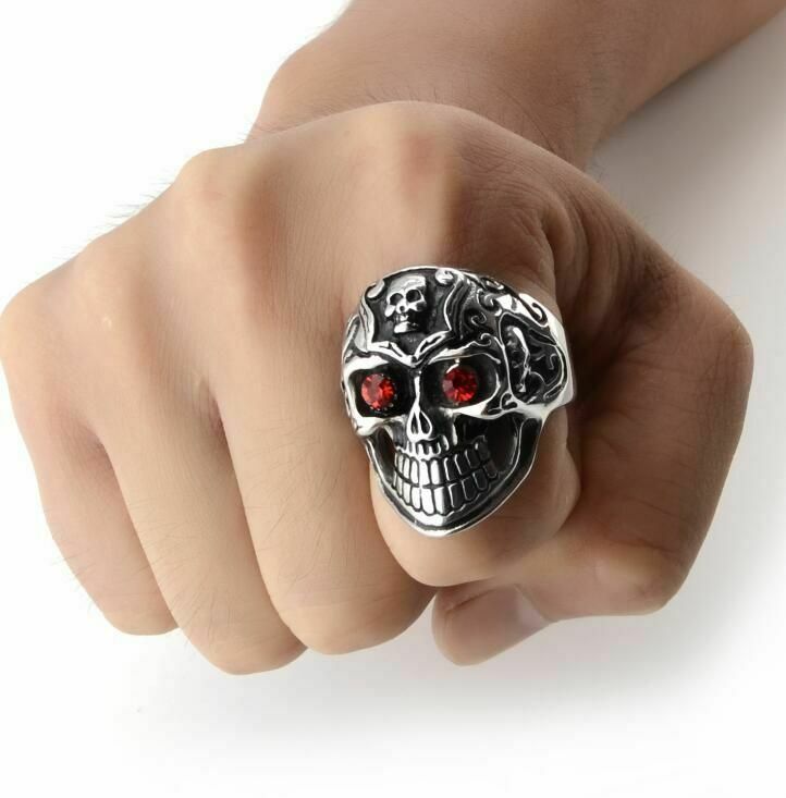 Fashion High Quality Motorcycle Skull Cool Men Ring Vintage Red Crystal Jewelry