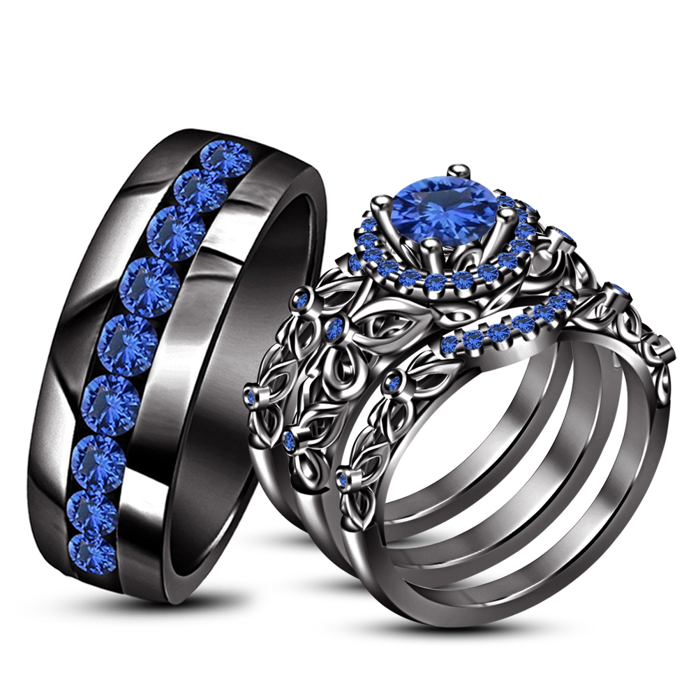 Round Cut Blue Sapphire Black Gold Plated 925 Silver Trio Ring Set ...