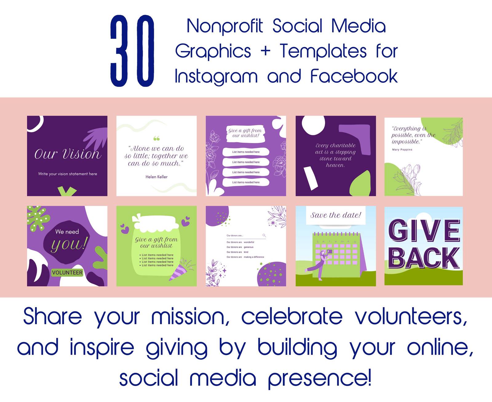 Nonprofit Social Media Template | 30 Editable Canva Templates | Volunteer Market